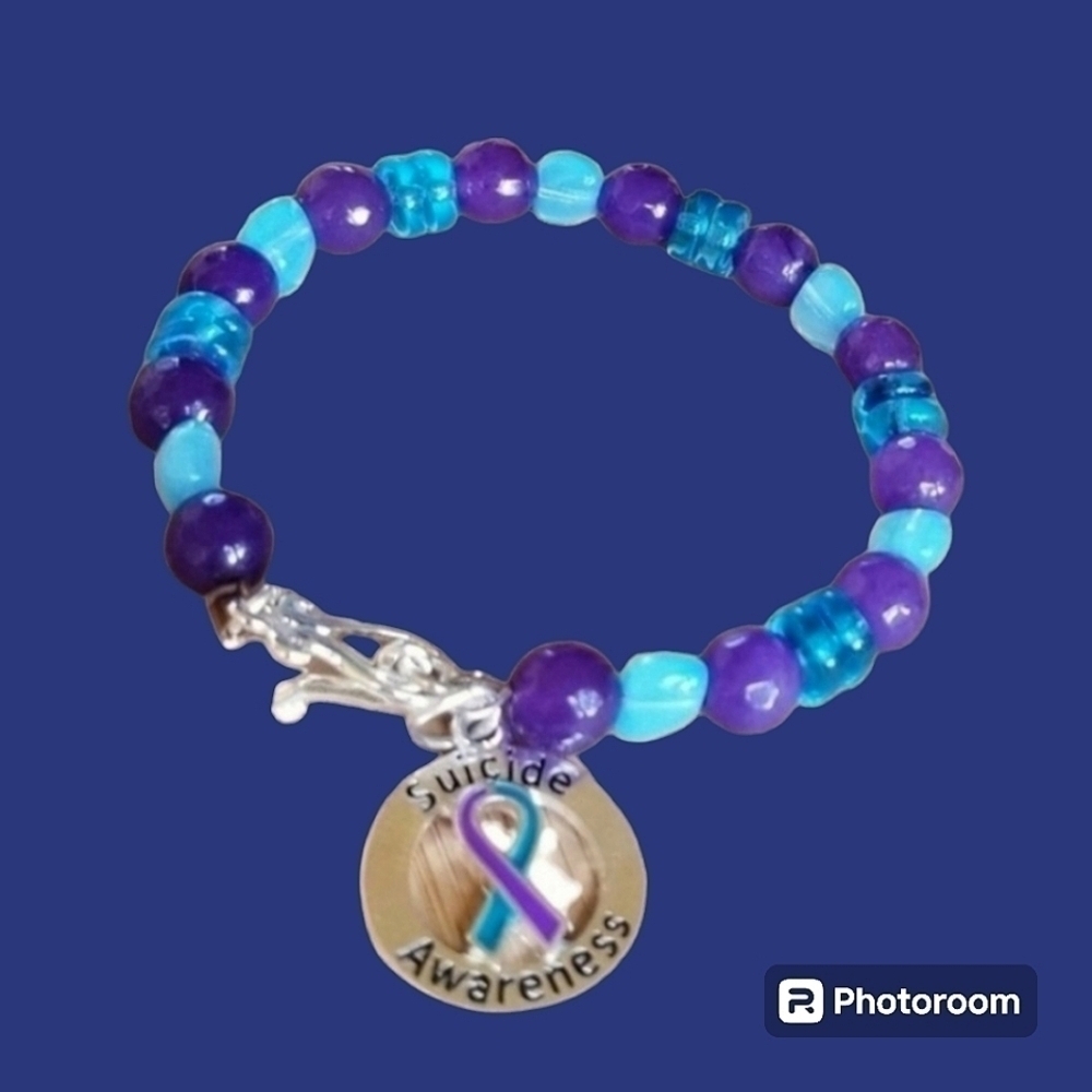 HANDMADE Suicide Awareness Agate Czech Glass Beaded Toggle Bracelet